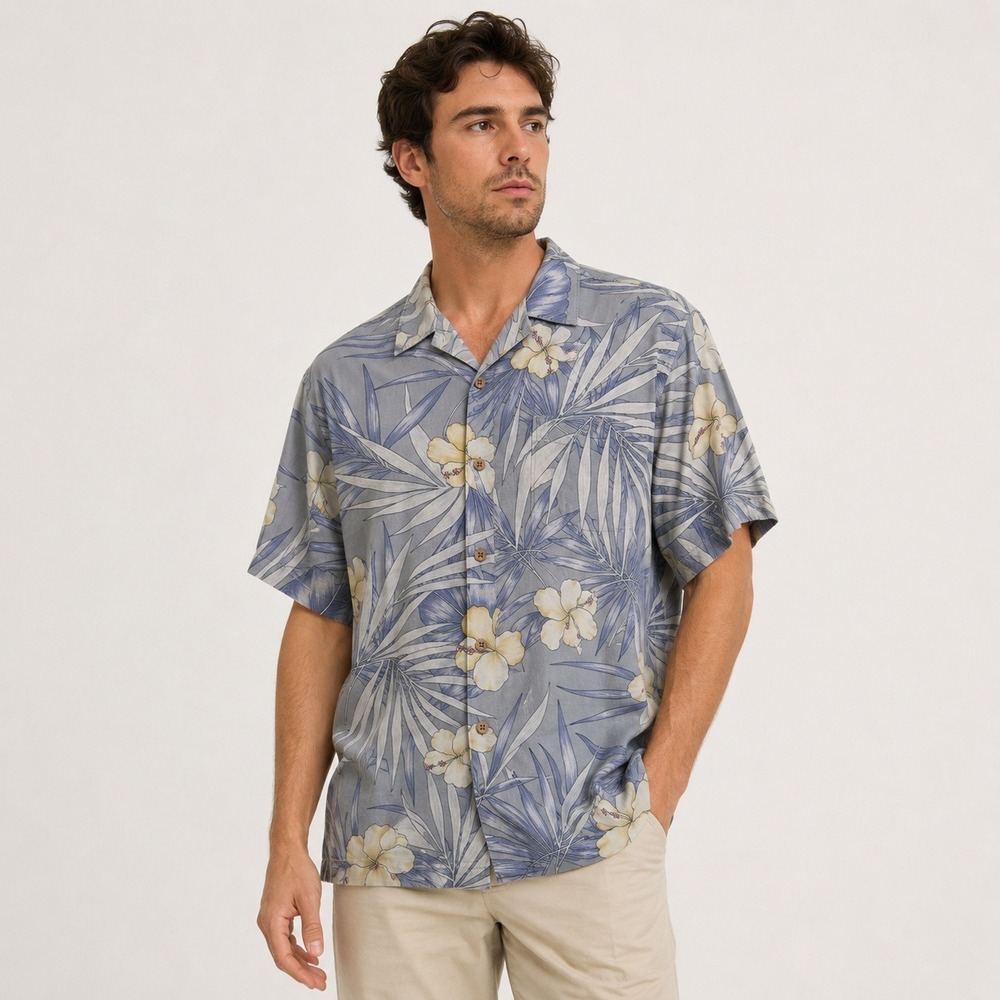 Tommy Bahama Mens XL Silk Tropical Hibiscus Palm Print Camp Shirt Blue Yellow